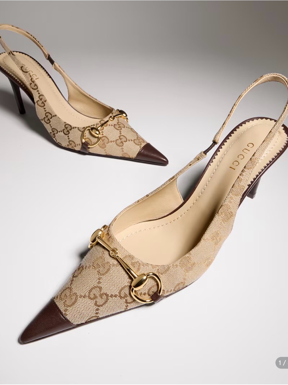 Gucci Beige Monogram Slingback Pumps with Brown Pointed Toe and Gold Horsebit